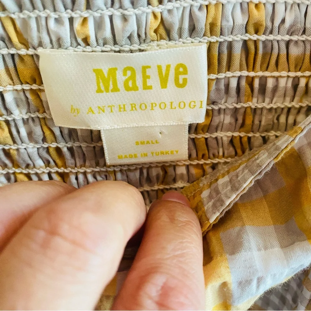 Anthropologie Maeve Plaid Print Square-Neck Blouse Puff Sleeves Cream Yellow Top